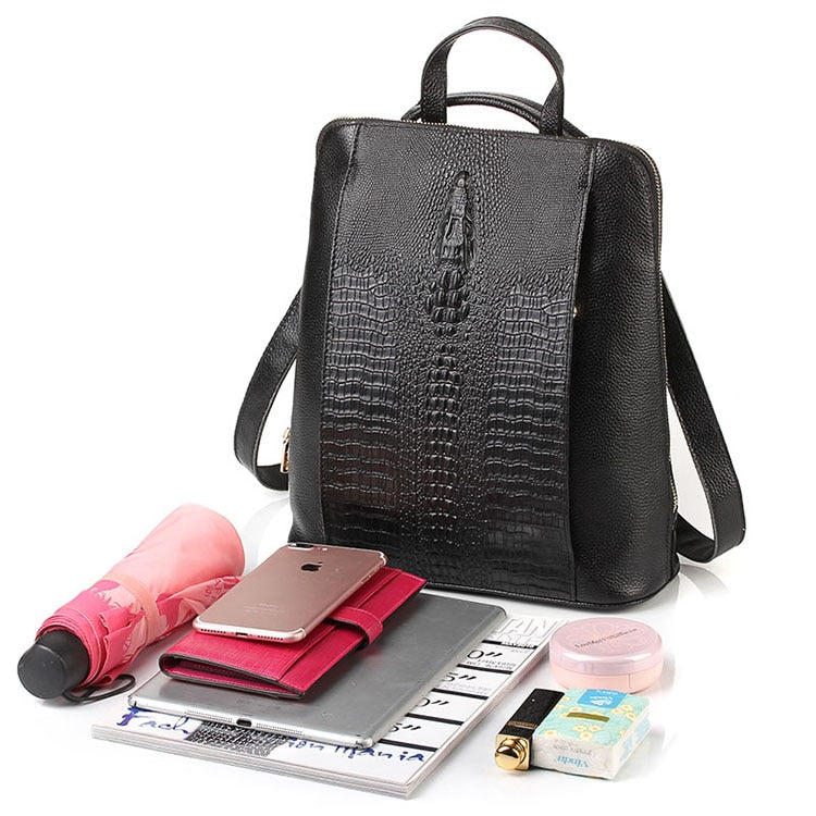 Zency 100% Genuine Leather Knapsack Ladies Alligator Pattern Women Backpack Girl Notebook Schoolbags Travel Bags For Work Laptop