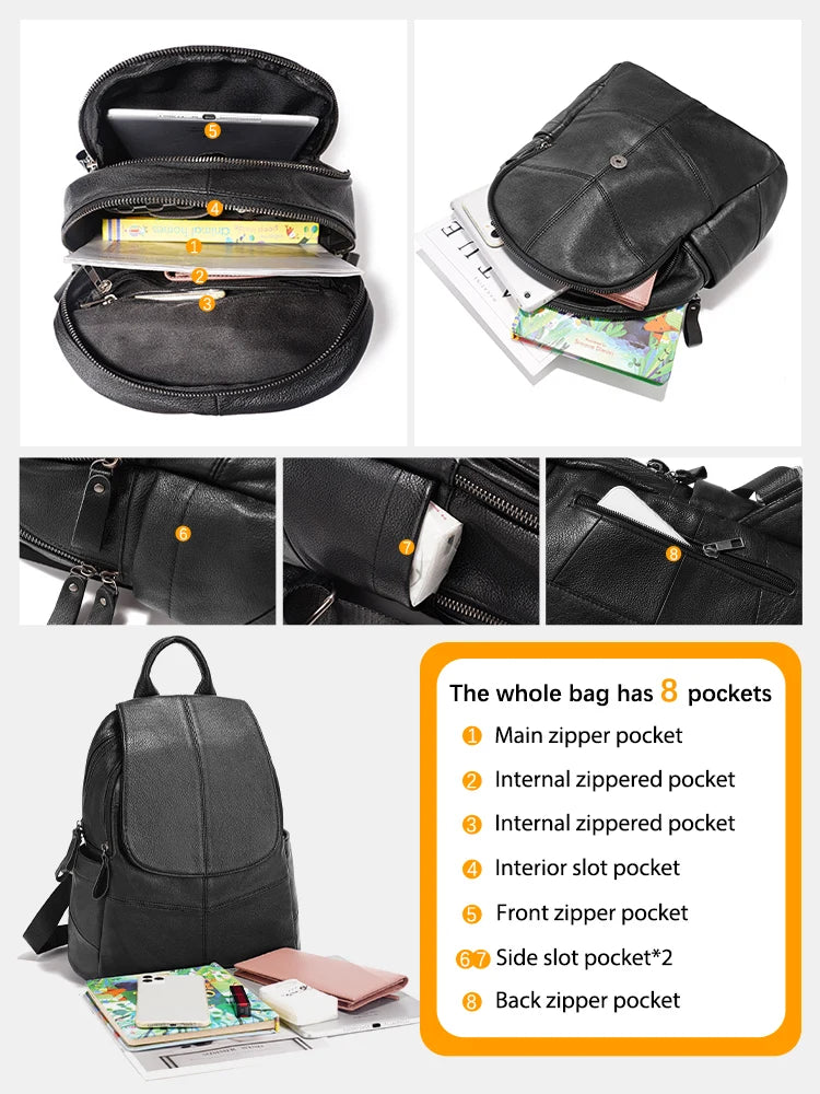 Zency 100% Genuine Leather Backpack High Quality Black Rucksack