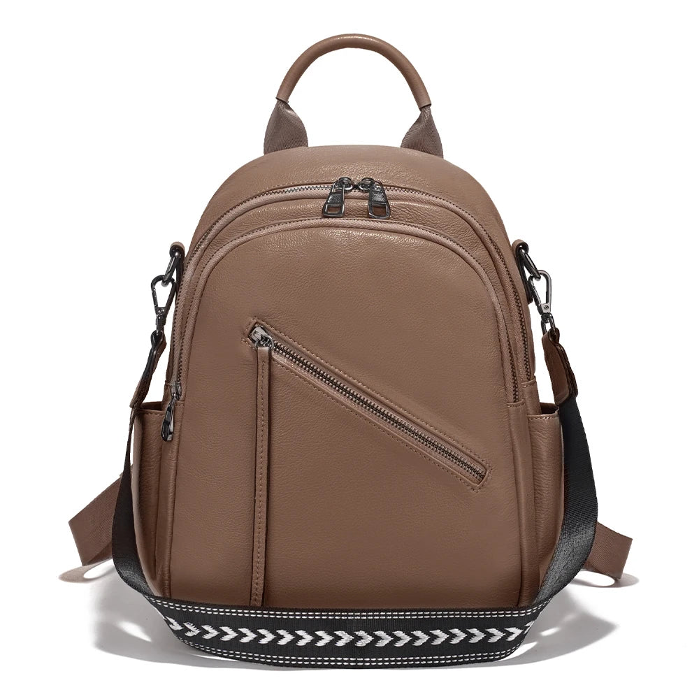 Zency Women's Genuine Leather Backpack Multi-Pockets Rucksack for Travel Work Wide Strap Ladies Shoulder Bag 2025 Trendy