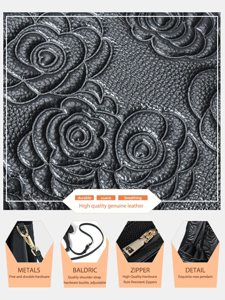 Zency Black Rose Pattern Tote Bag Fashion Shoulder Crossbody Purse