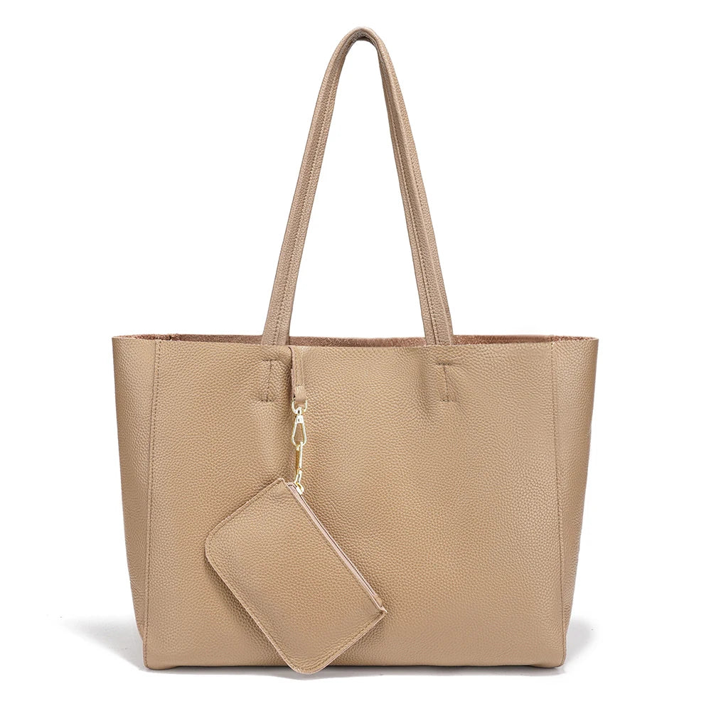 Zency Genuine Leather Large Tote Bags Simple Color Bags Zipper for Work Shopping Travel