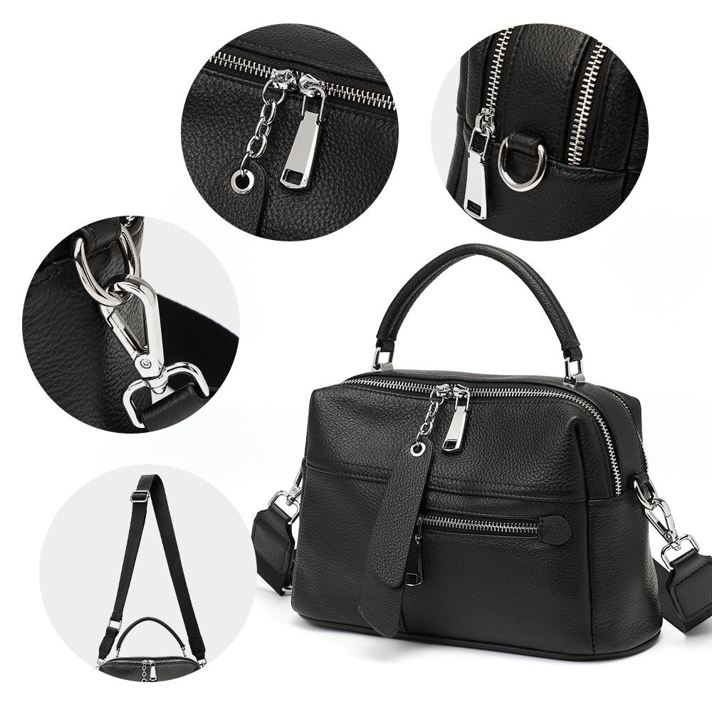Zency Genuine Leather Handbag Female High Quality Box Bag Classic Fashion Vintage Lady Shoulder Black Crossbody Tote Top-handle