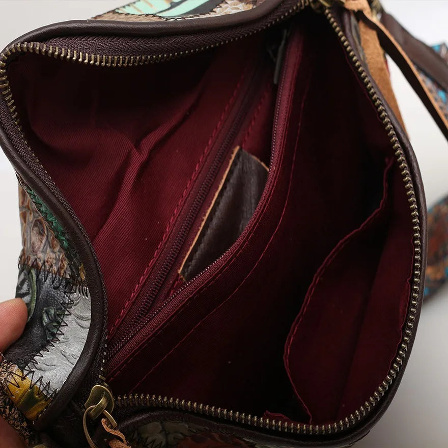 Zency Genuine Leather Roomy Crossbody Bag For Women National Style Satchel Folk Shoulder Bag Hobo Bag For Biking Outdoors Hiking