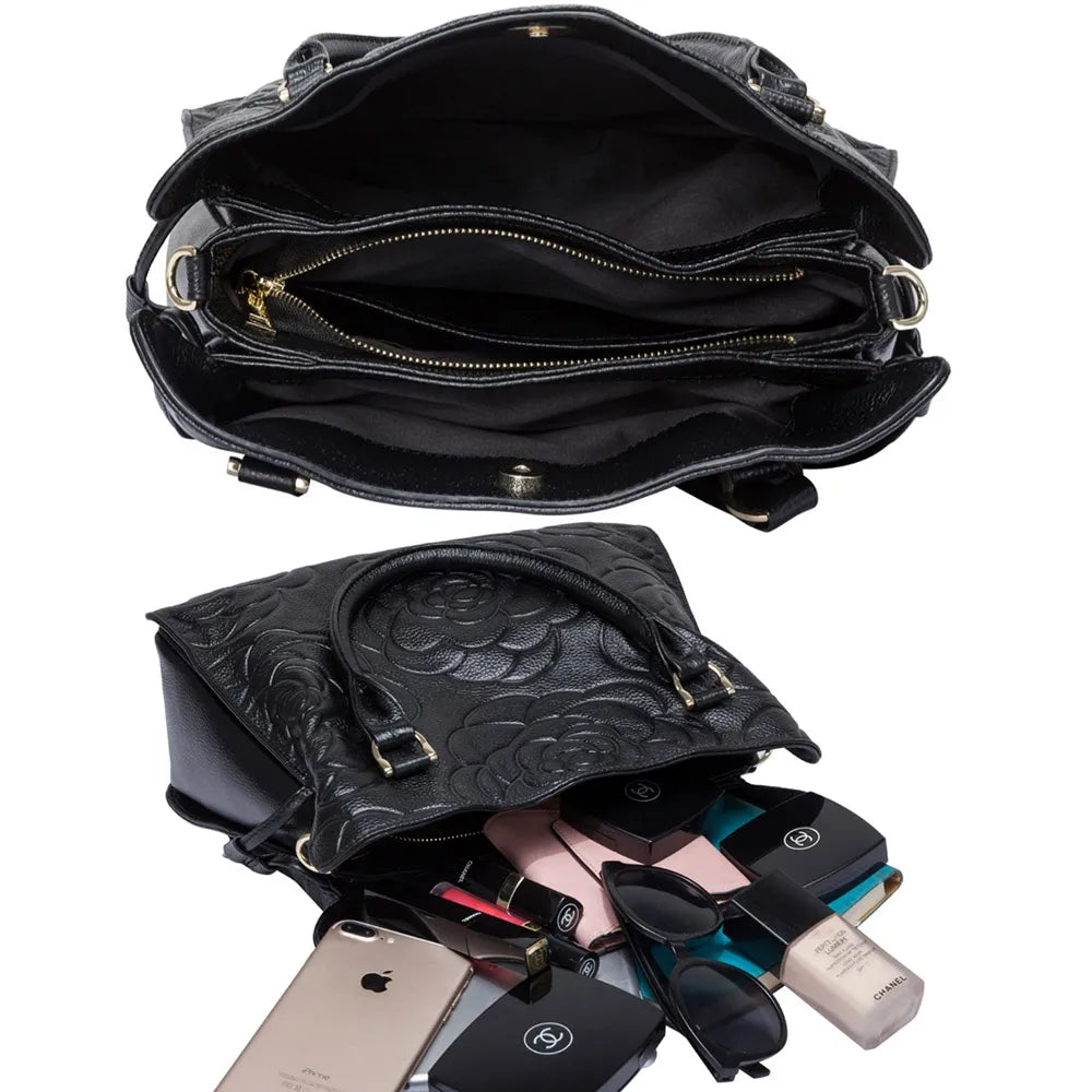 Zency Lady Tote Bag Genuine Leather Embossed Rose Decorate Sling