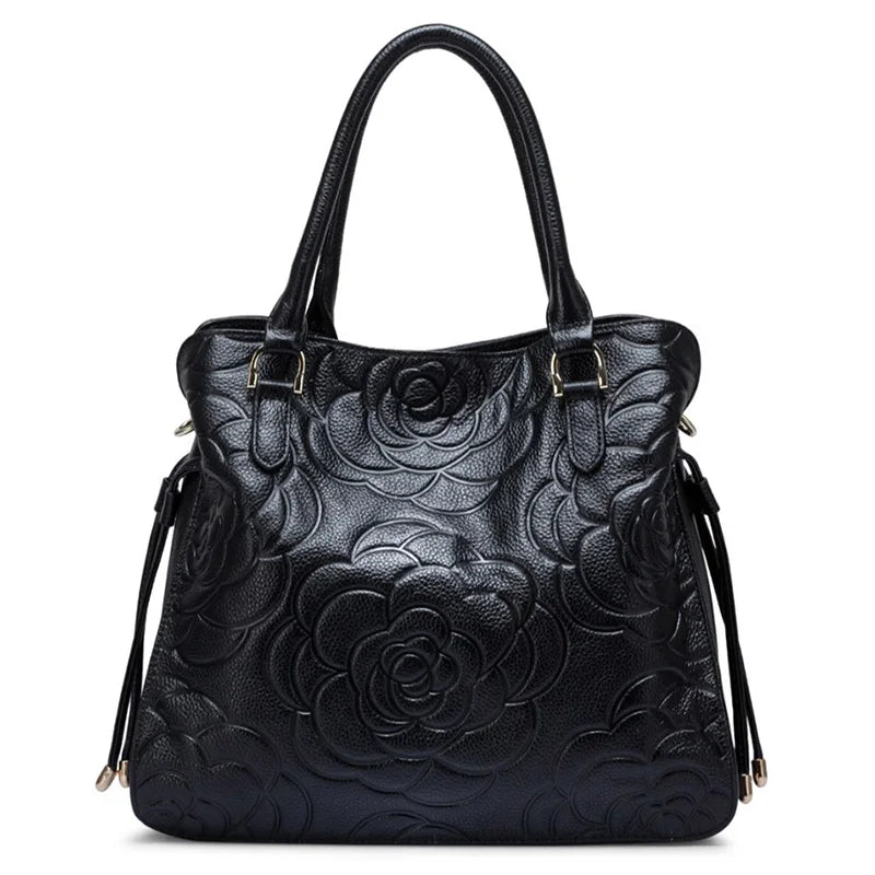 Zency Lady Tote Bag Genuine Leather Embossed Rose Decorate Sling
