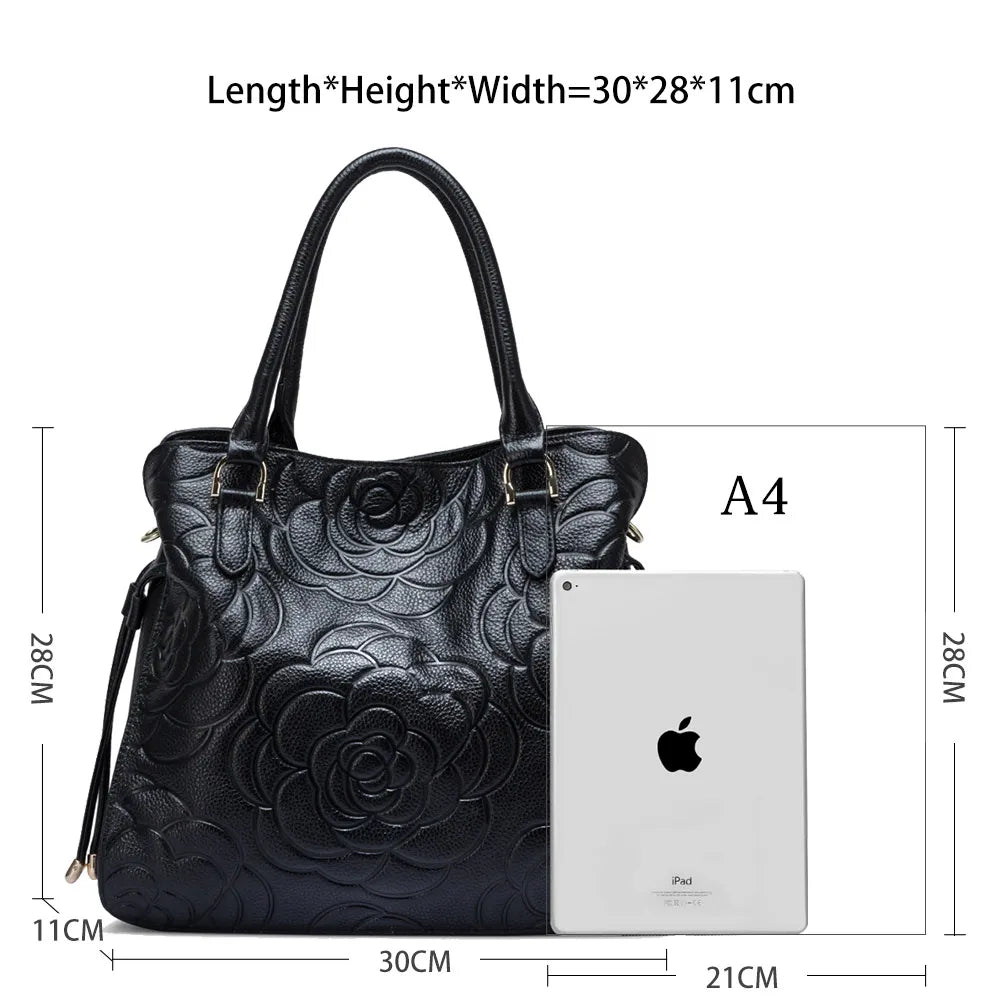 Zency Lady Tote Bag Genuine Leather Embossed Rose Decorate Sling