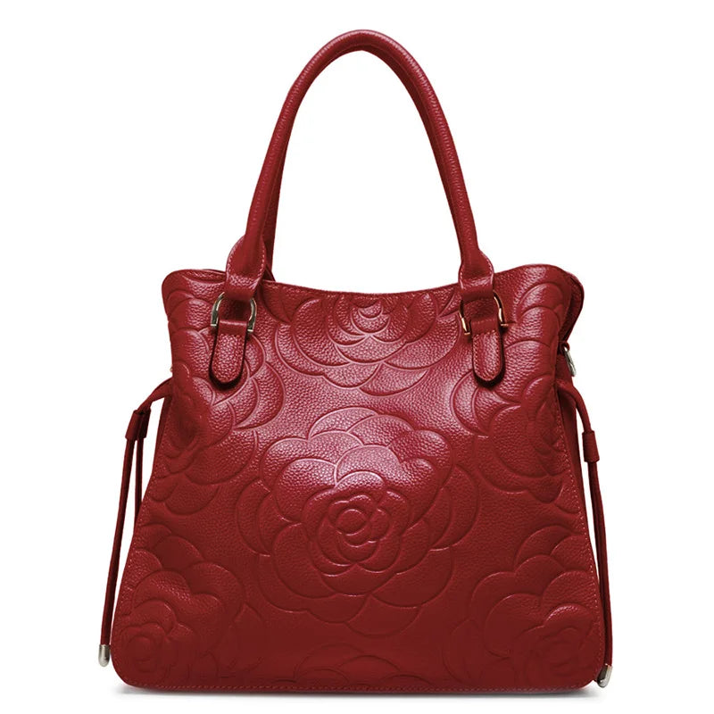 Zency Lady Tote Bag Genuine Leather Embossed Rose Decorate Sling