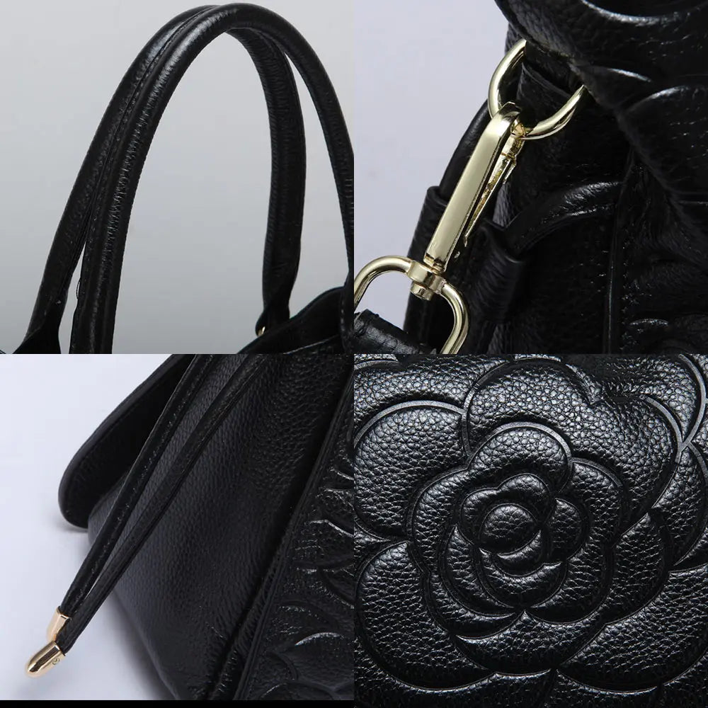 Zency Lady Tote Bag Genuine Leather Embossed Rose Decorate Sling