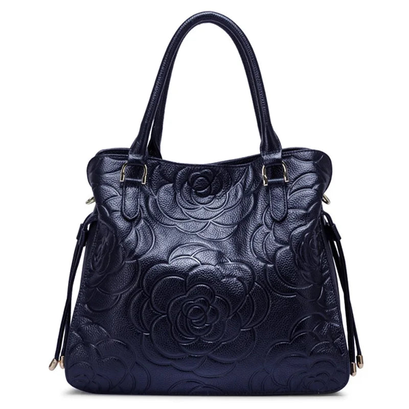 Zency Lady Tote Bag Genuine Leather Embossed Rose Decorate Sling