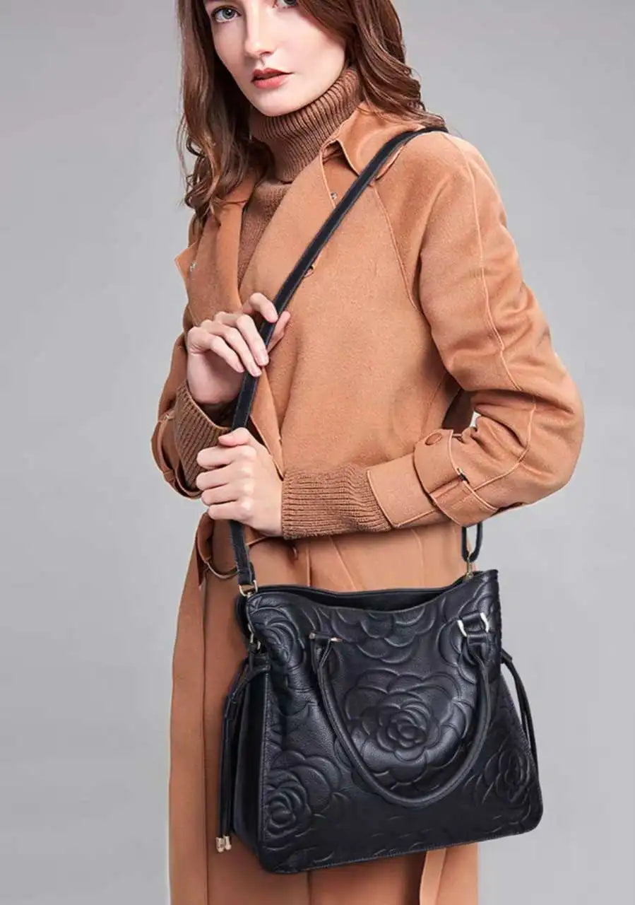 Zency Lady Tote Bag Genuine Leather Embossed Rose Decorate Sling