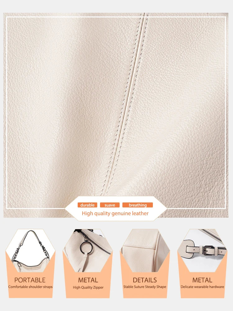 Zency New Black Beige Genuine Leather Hobo Bag Women Simple Classic Casual Handbag Shoulder Tote Soft Crossbody