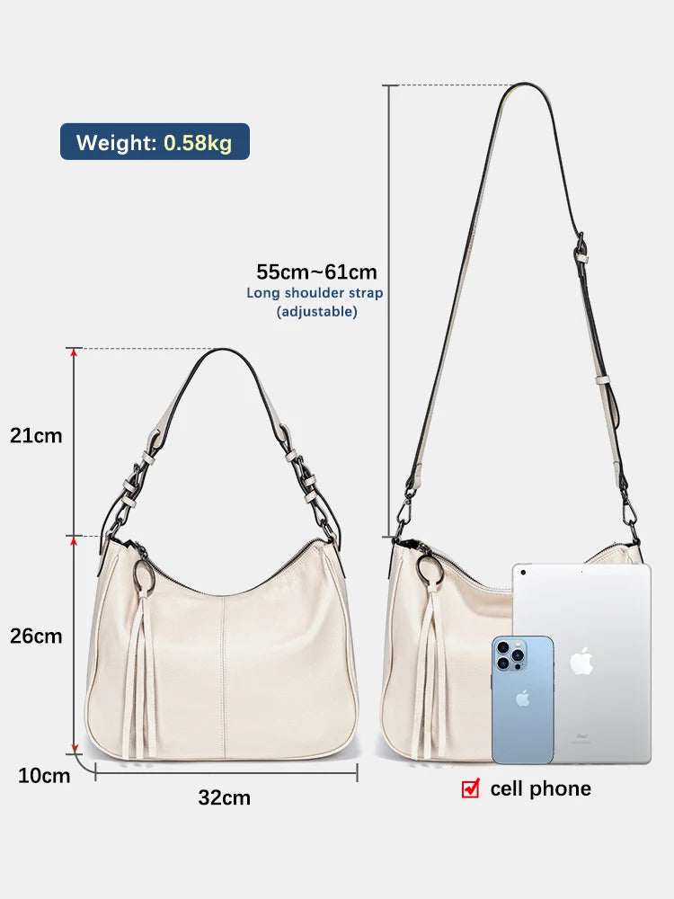 Zency New Black Beige Genuine Leather Hobo Bag Women Simple Classic Casual Handbag Shoulder Tote Soft Crossbody