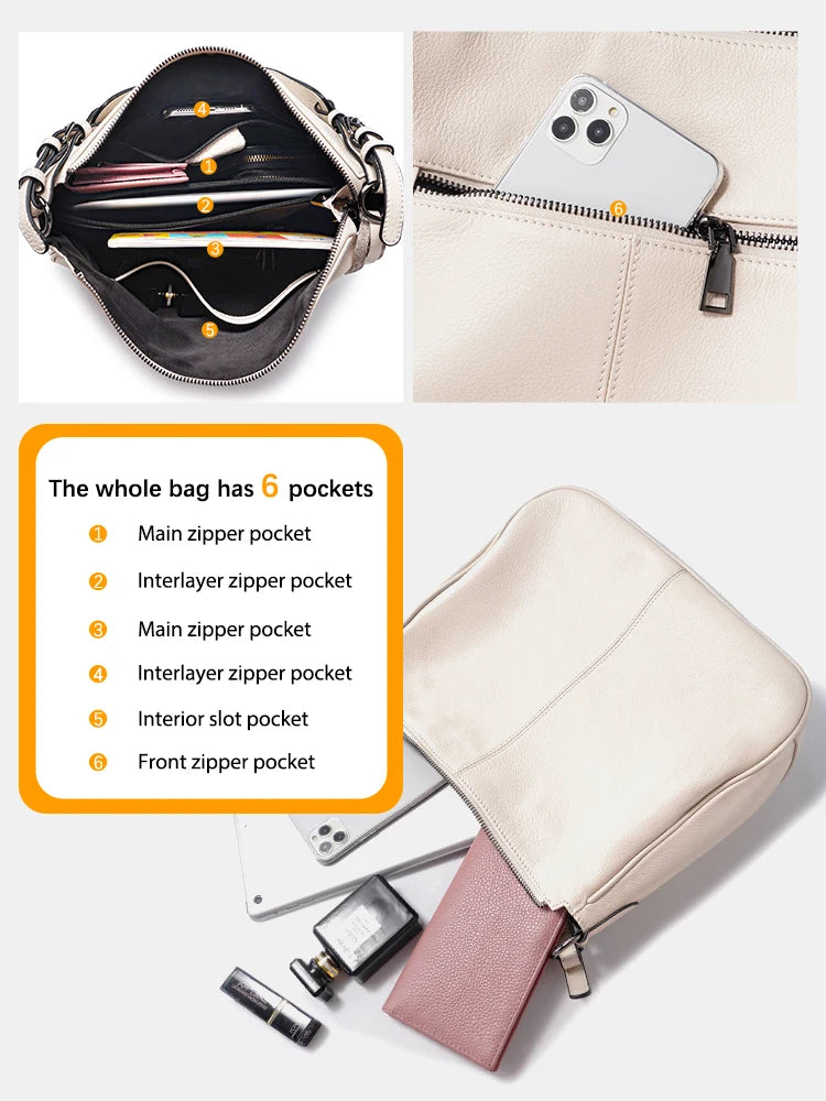 Zency New Black Beige Genuine Leather Hobo Bag Women Simple Classic Casual Handbag Shoulder Tote Soft Crossbody