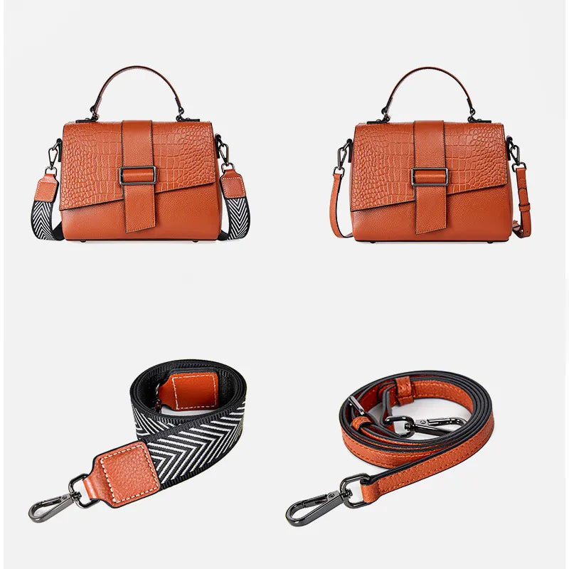 Genuine Leather Women Classic Handbag Small Alligator Crossbody Top-handle Bag