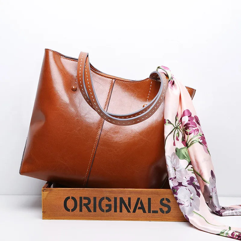 Zency Leather Women Shoulder Bag Retro Brown Tote Large Capacity
