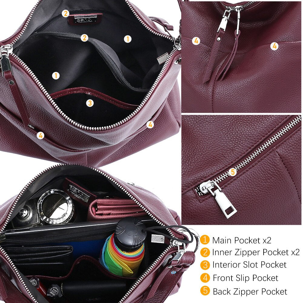 Zency Soft First Layer Cowhide Leather Handbag Large Capacity Classic Shoulder Bags Multi-function Bag