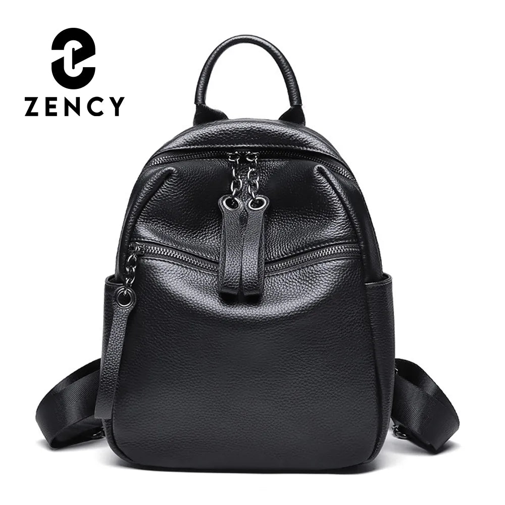 Zency Women's Simple Black Backpack Genuine Leather