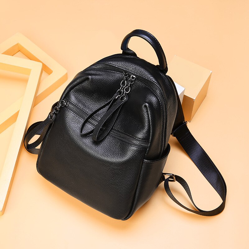Zency Women's Simple Black Backpack Genuine Leather