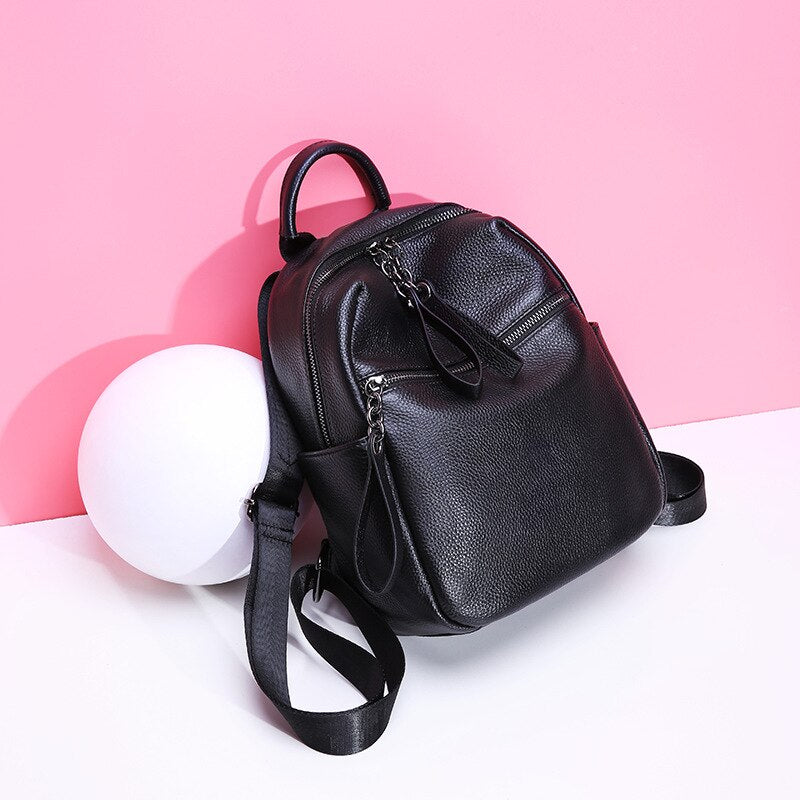 Zency Women's Simple Black Backpack Genuine Leather