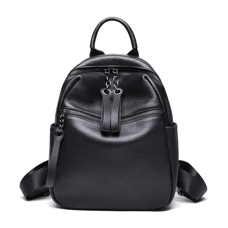 Zency Women's Simple Black Backpack Genuine Leather