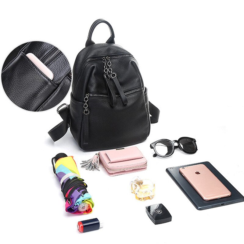 Zency Women's Simple Black Backpack Genuine Leather