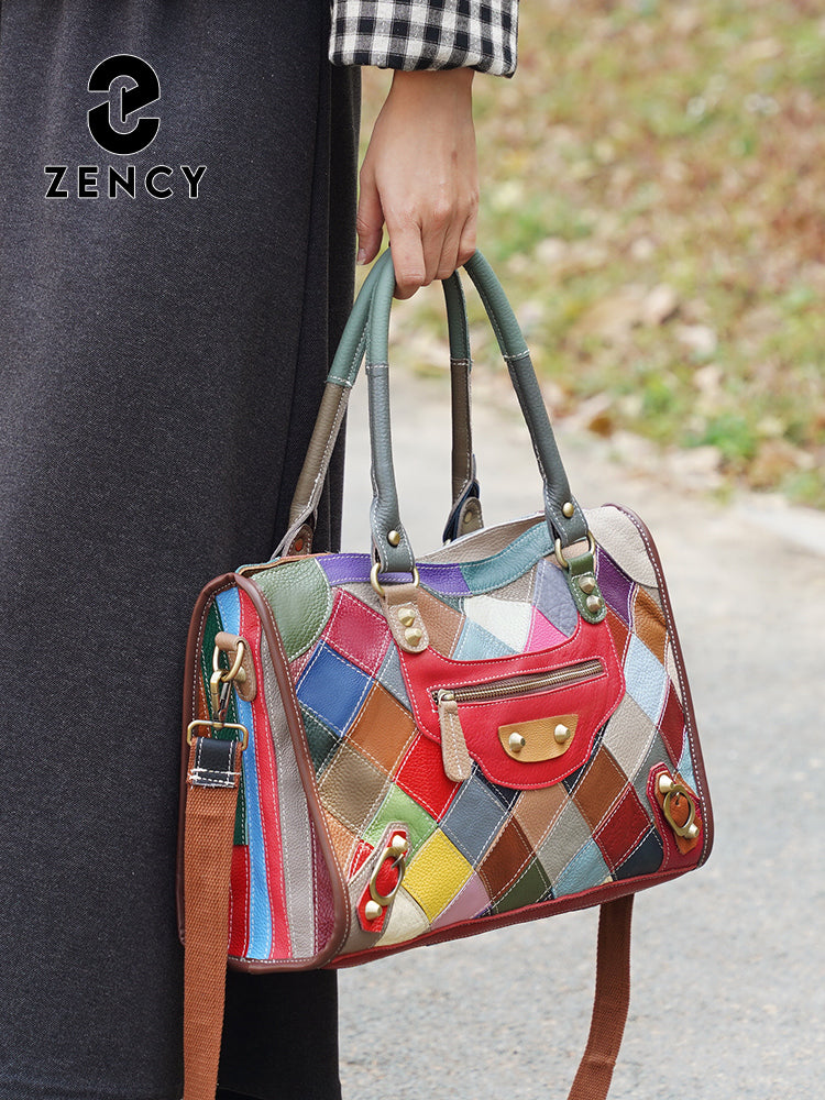 Zency Women's Leather Patchwork Top-Handle Bag Handbags for Daily Work Shopping
