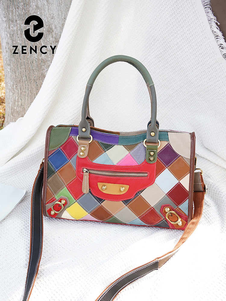 Zency Women's Leather Patchwork Top-Handle Bag Handbags for Daily Work Shopping