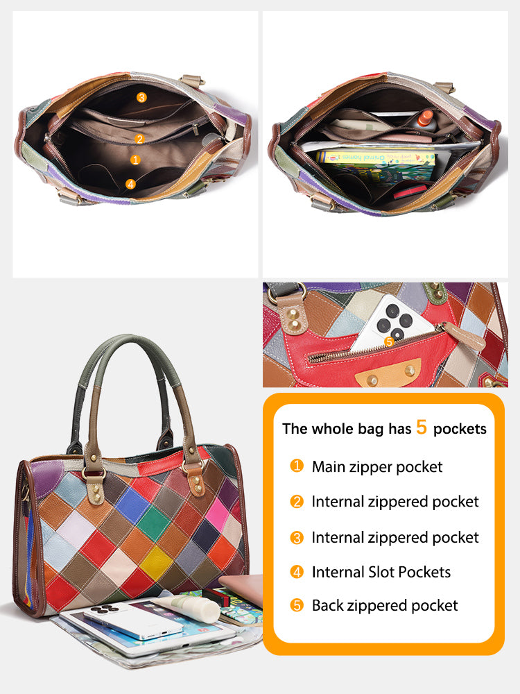 Zency Women's Leather Patchwork Top-Handle Bag Handbags for Daily Work Shopping