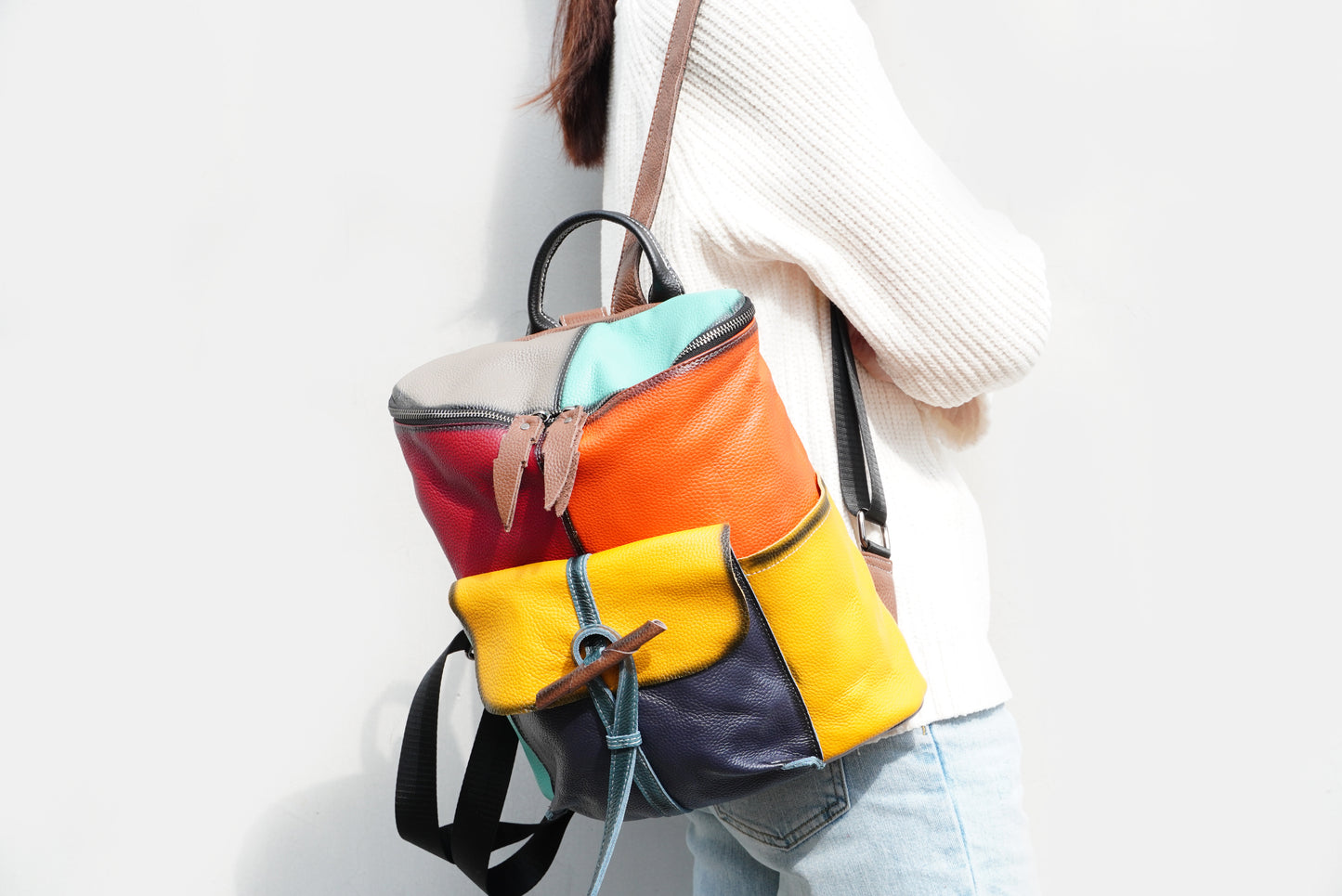 Zency Fashion Leather Travel Backpack Female Leather Knapsack Colorful Patchwork