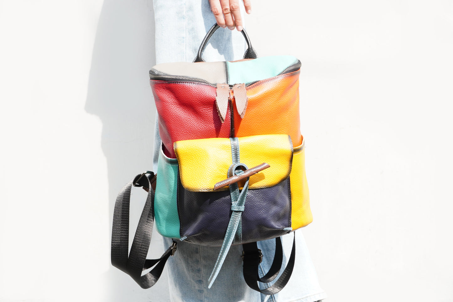 Zency Fashion Leather Travel Backpack Female Leather Knapsack Colorful Patchwork