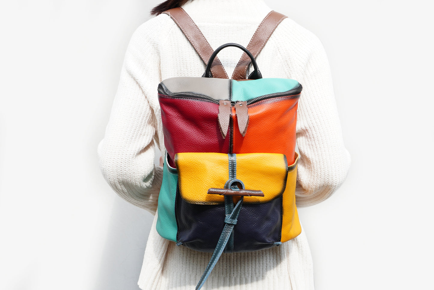 Zency Fashion Leather Travel Backpack Female Leather Knapsack Colorful Patchwork