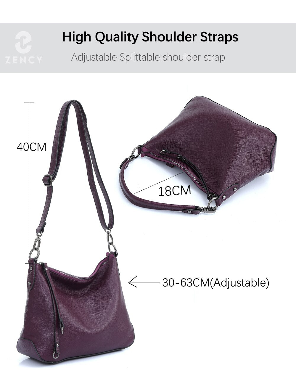 Zency Genuine Leather Handbag For Women Simple Classic Casual Female Hobo Bags Vintage Shoulder Tote Crossbody Bag