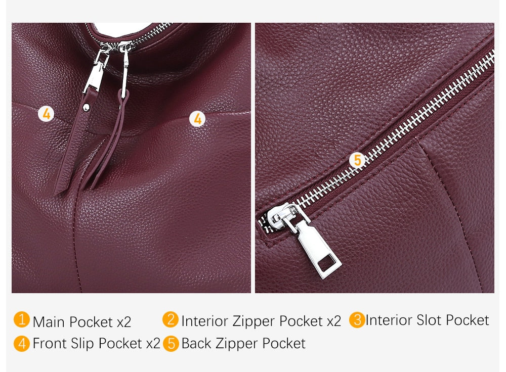 Zency Soft First Layer Cowhide Leather Handbag Large Capacity Classic Shoulder Bags Multi-function Bag