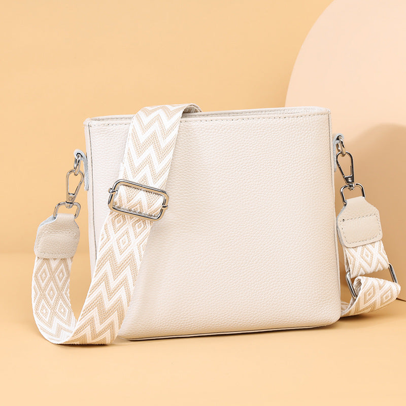 Zency Top-Grain Cowhide Leather Women's Handbag Solid Color Wide Strap Crossbody Bag Bucket Bag