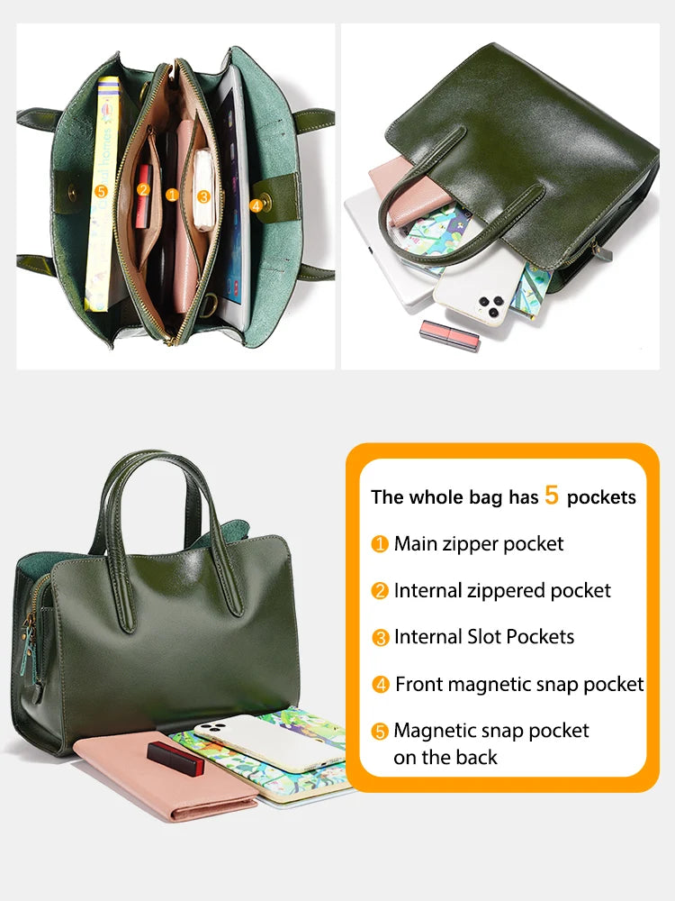 Zency Oil Wax Leather Handbags for Women Bag Three Layer Pockets