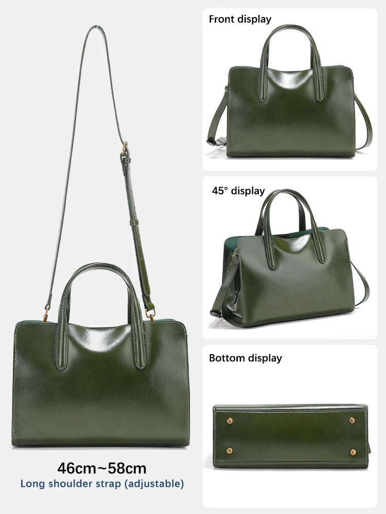 Zency Oil Wax Leather Handbags for Women Bag Three Layer Pockets