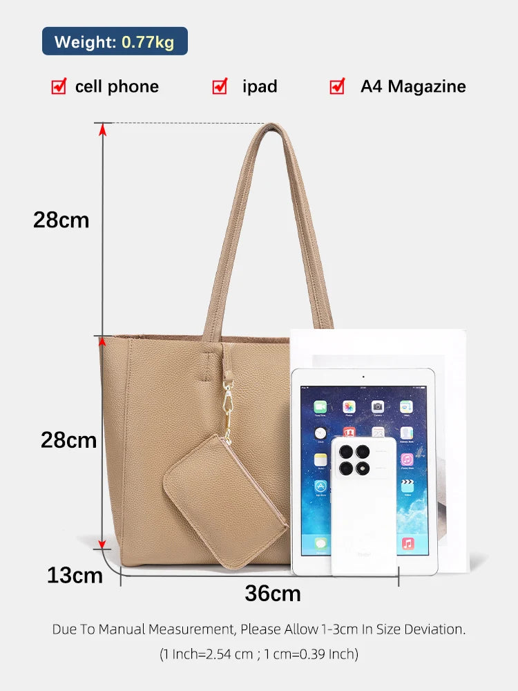 Zency Genuine Leather Large Tote Bags Simple Color Bags Zipper for Work Shopping Travel
