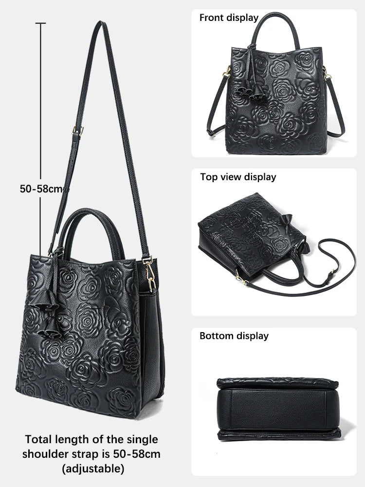 Zency Black Rose Pattern Tote Bag Fashion Shoulder Crossbody Purse