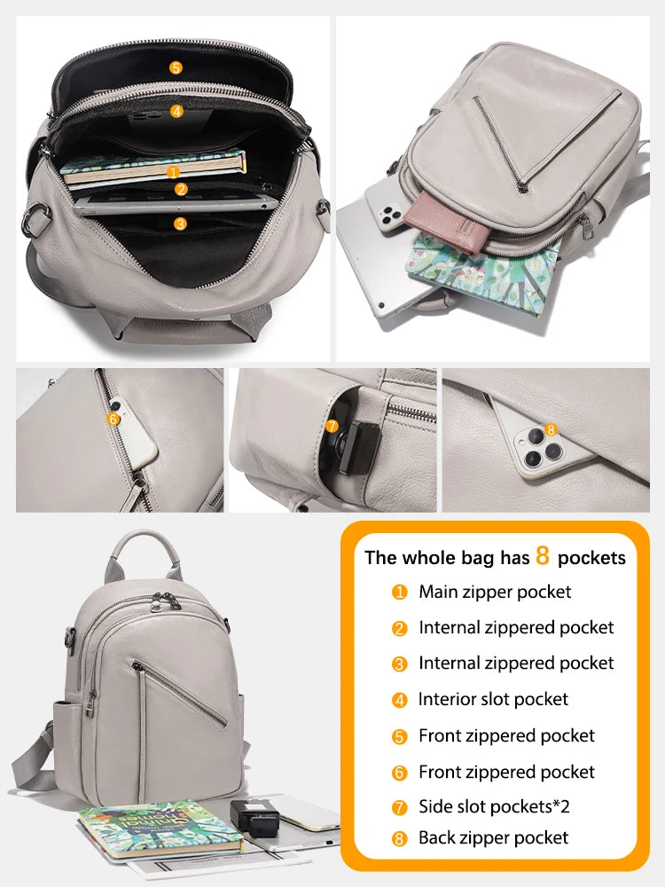 Zency Women's Genuine Leather Backpack Multi-Pockets Rucksack for Travel Work Wide Strap Ladies Shoulder Bag 2025 Trendy