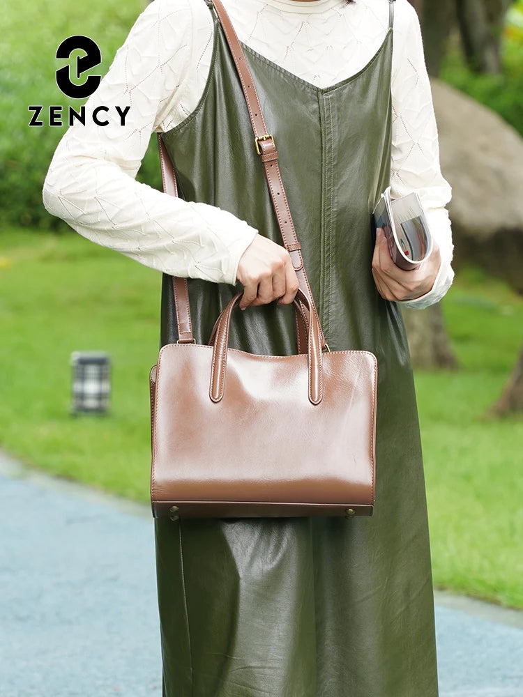 Zency Oil Wax Leather Handbags for Women Bag Three Layer Pockets