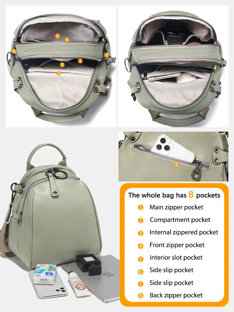 Zency Women's Soft Genuine Leather Travel Backpack Large Convertible Knapsack Multi-compartment