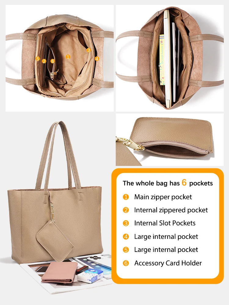 Zency Genuine Leather Large Tote Bags Simple Color Bags Zipper for Work Shopping Travel