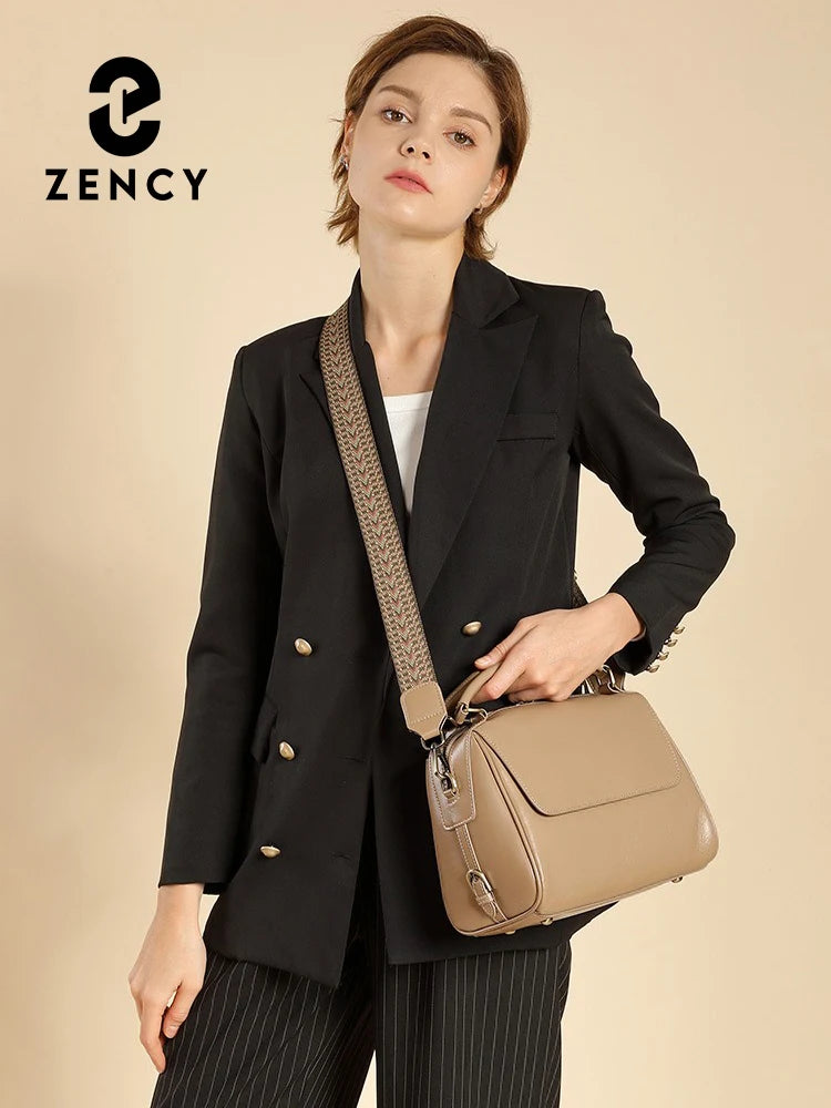 Zency Genuine Leather Women's Handbag Designer Crossbody Wide Strap Large Capacity Shoulder Bag