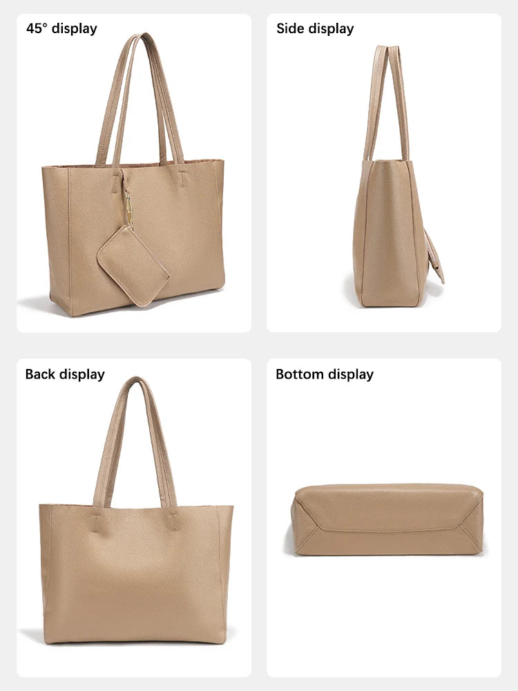 Zency Genuine Leather Large Tote Bags Simple Color Bags Zipper for Work Shopping Travel
