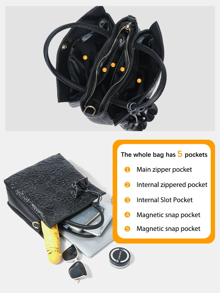 Zency Black Rose Pattern Tote Bag Fashion Shoulder Crossbody Purse
