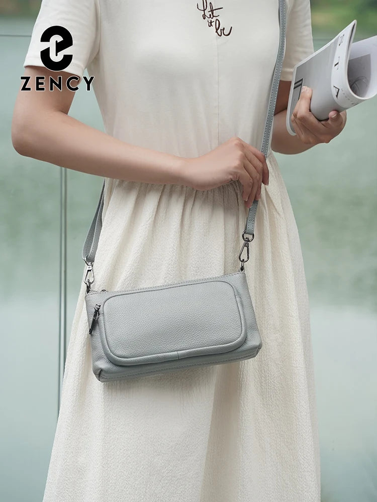 Zency Women's Grey Leather Shoulder Bag Crossbody Multi-pockets Handbag