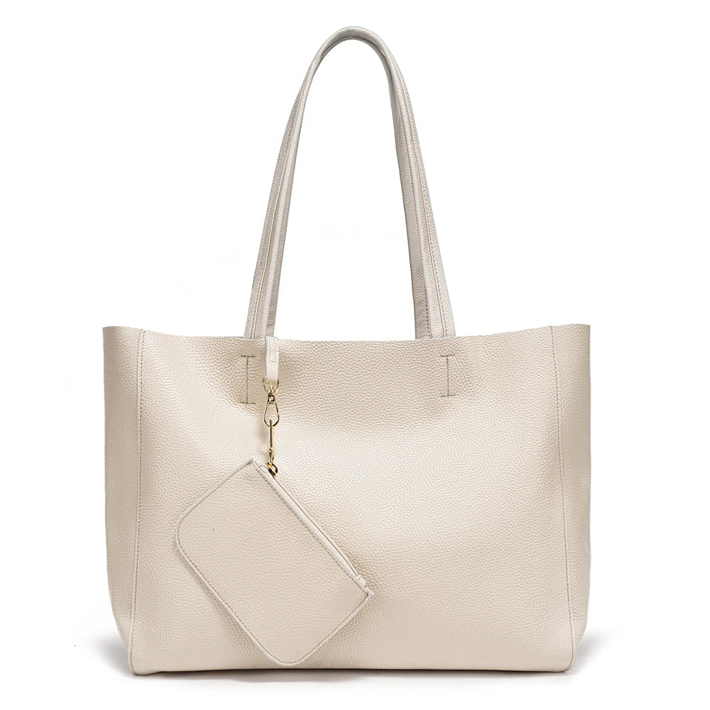 Zency Genuine Leather Large Tote Bags Simple Color Bags Zipper for Work Shopping Travel