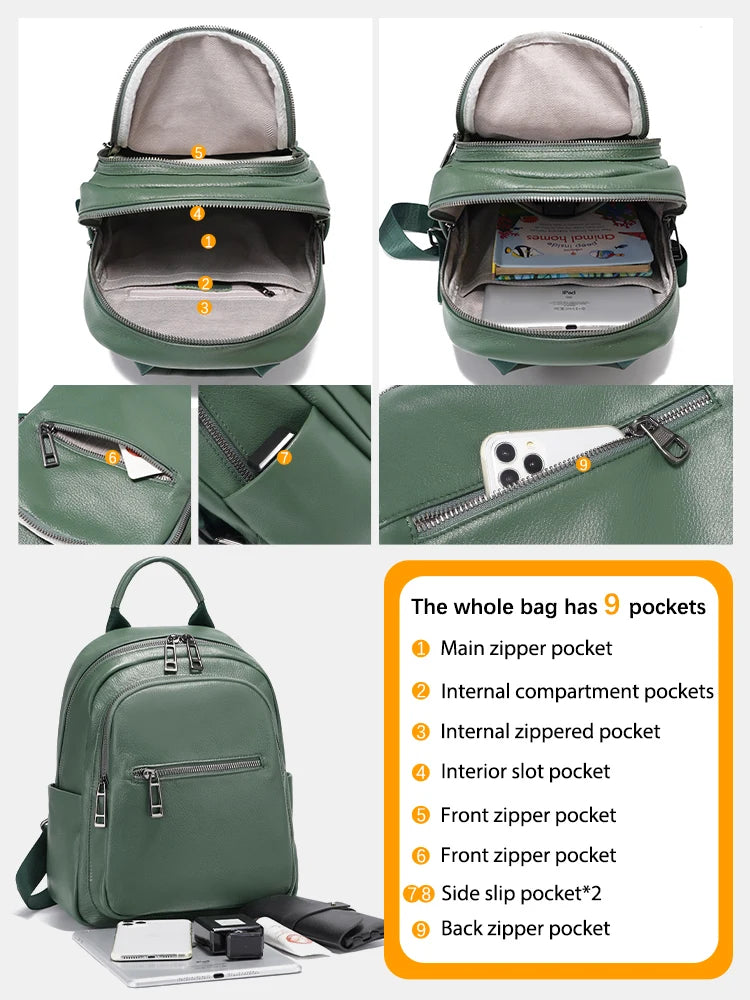 Zency Genuine Leather Backpack For Women Large Capacity Travel Rucksack
