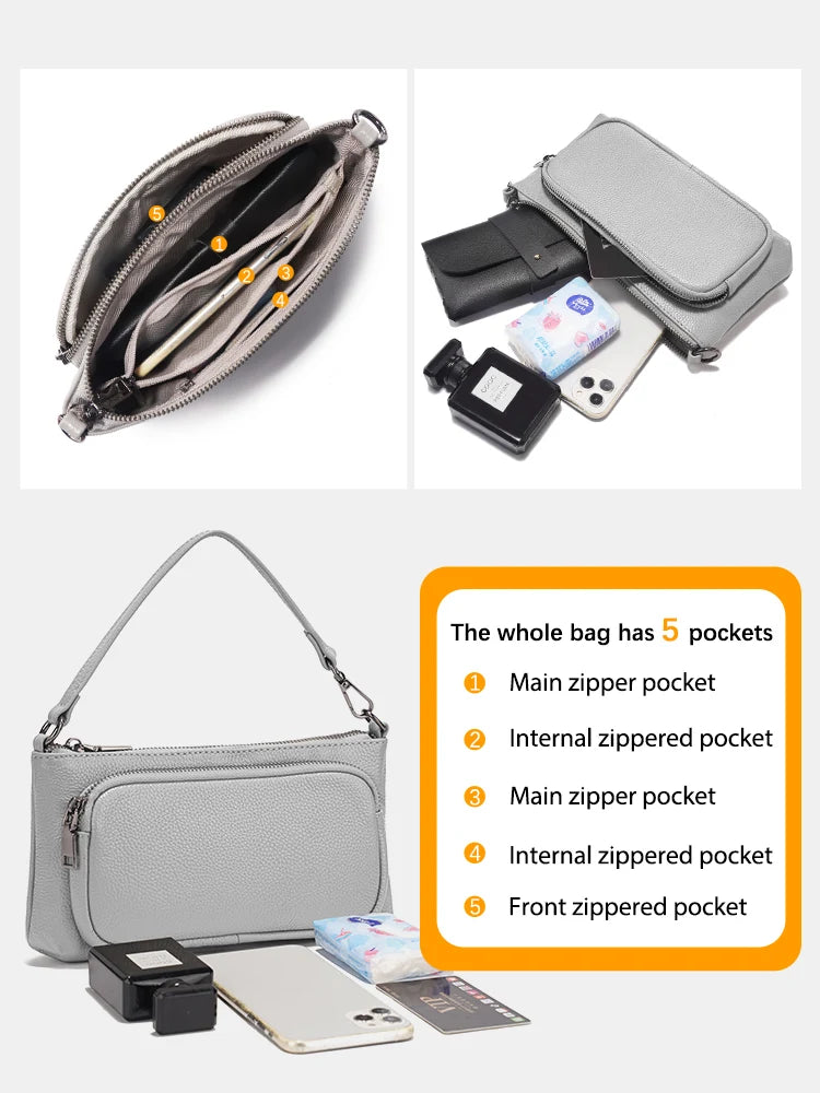 Zency Women's Grey Leather Shoulder Bag Crossbody Multi-pockets Handbag