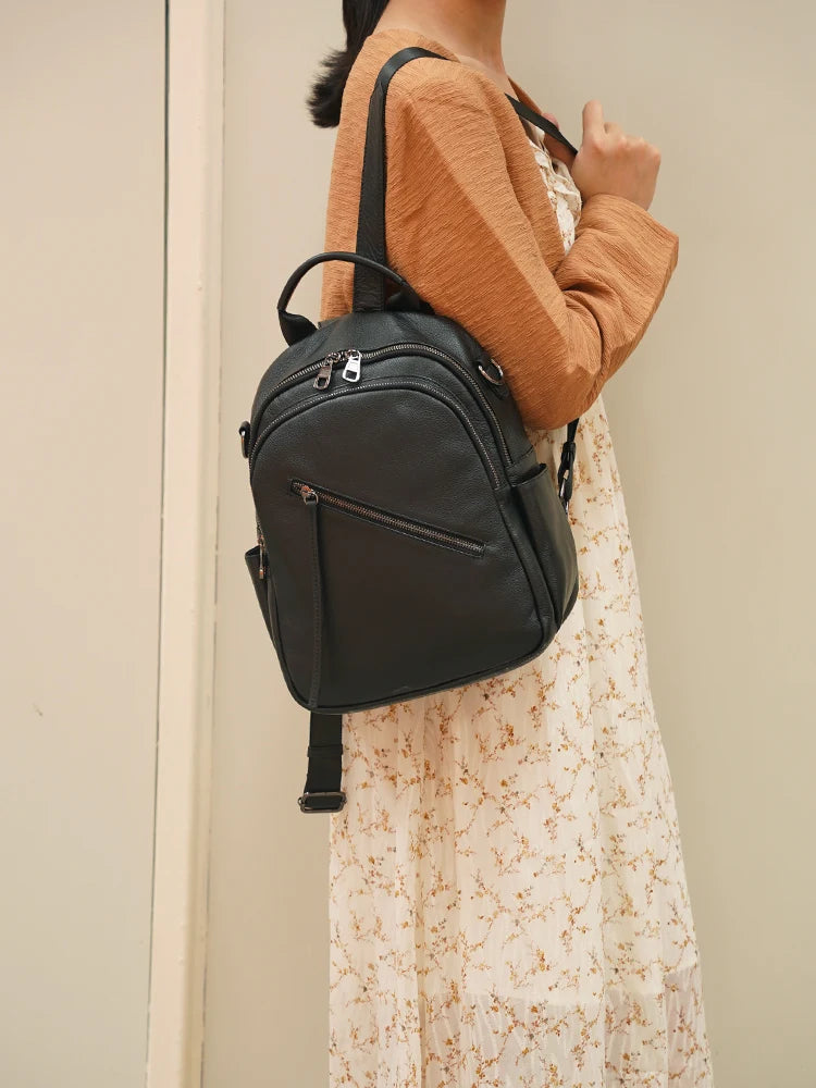 Zency Women's Genuine Leather Backpack Multi-Pockets Rucksack for Travel Work Wide Strap Ladies Shoulder Bag 2025 Trendy